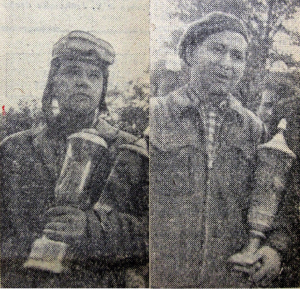 14. 1963 m. „Valakampių žiedo“ lenktynių nugalėtojai su iškovotais apdovanojimais. Kairėje A. Klimaitis, dešinėje J. Vizgardijskis. „Vakarinės naujienos“ 1963 05 06 Nr. 105